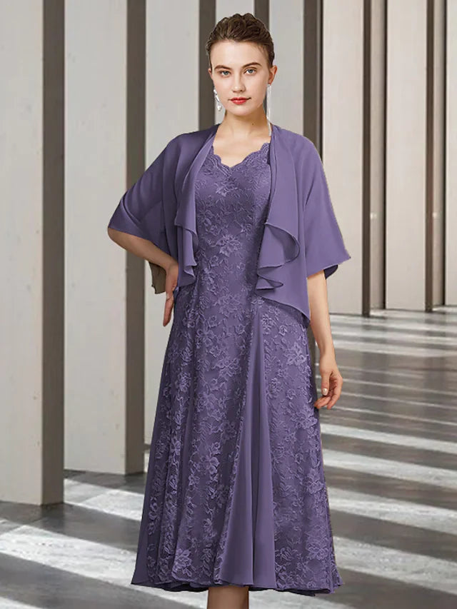 Wholesale Mother of the Bride Dress Elegant V Neck Knee Length Chiffon Lace Sleeveless with Appliques